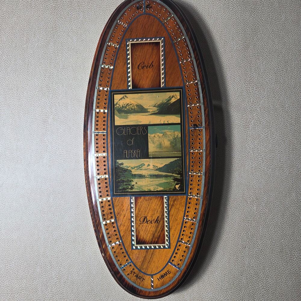 Vintage Wood Cribbage Board Glaciers of Alaska Souvenir Game Board w/ Pegs